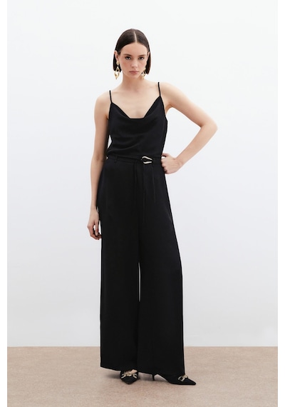 Sateen Kemerli Salaş Pantolon - Siyah-136064 Siyah