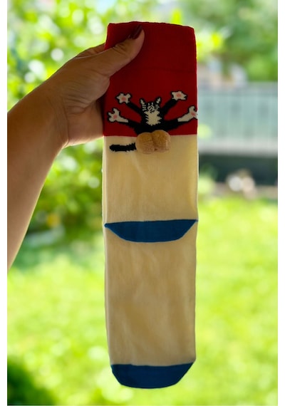 Lousocks Unisex Kırmızı Krem Renk Bloklu Kedi Desenli Ponpon Soket Çorap