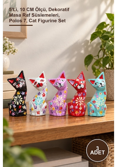 3 Adet Ahşap Kedi Figür Seti 5'li, 10 Cm Ölçü, Dekoratif Masa Raf Süslemeleri, Polos 7, Cat Figurine Set