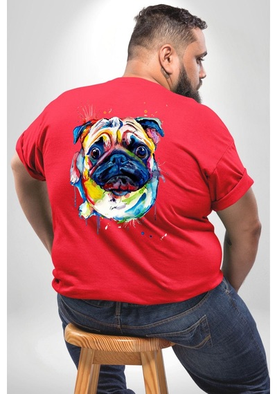 Angemiel Sulu Boya Pug Köpek Büyük Beden Kırmızı Tişört Kadın Erkek Ünisex Sırt Baskılı Kırmızı