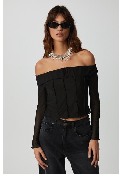Ethıquet Nerys Kadın Straplez Yaka Omuzları Açık Uzun Kollu Slim Fit Siyah Bluz