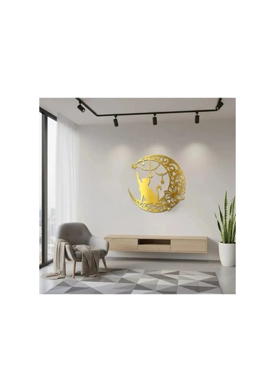 Floral Hilal Ve Kedi Silüeti Dekoratif Metal Tablo - Metal Duvar Sanatı - Krom - 75 X 75 Cm