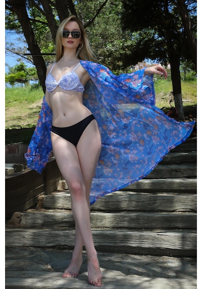 Modi Moda Çizgi Kadın Kimono Pareo Plaj Elbisesi Mavi 38040