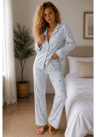 Kadın Örme Gömlek Yaka Mavi Pijama Takımı