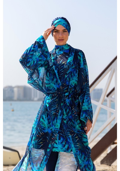 Remsa Mayo Remsa Tesettür Mayo Üzerine Tek Kaftan Kimono Pareo Rp009 Tropikal Lacivert