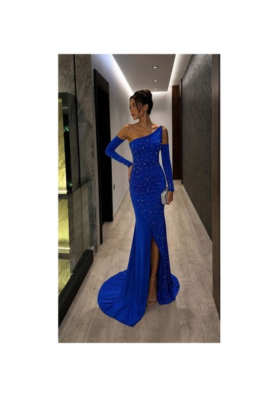 Lior Design Kadın Yeni Sezon Tek Omuz Taş Detaylı Abiye Elbise Saks