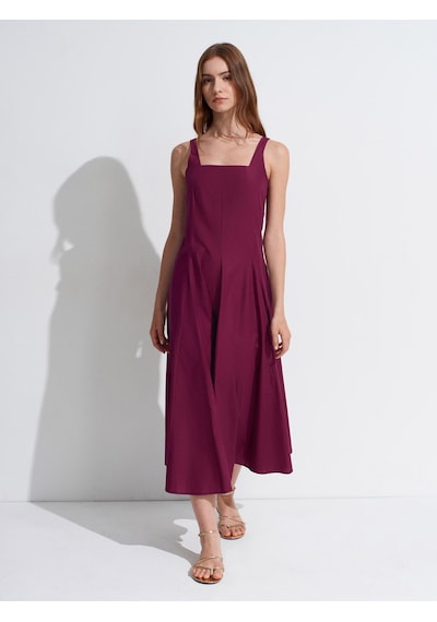 DİLVİN 90941 Kare Yaka Askılı Midi Elbise-bordo