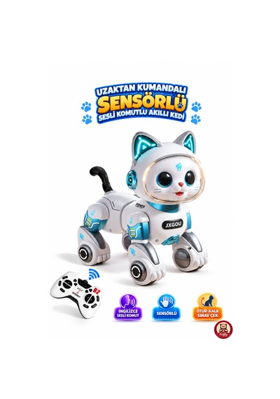 Oyuncak Uzaktan Kumandalı Sensörlü Akıllı Robot Kedi İngilizce Sesli Komutlu Şarjlı Işıklı Sesli Dans Eden Programlanabilir Full Fonksiyon Rc Kedi Mavi