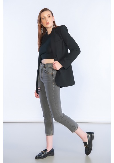 Kirli Mavi Yüksek Bel Lazer Detaylı Mom Jeans - Kirli Mavi