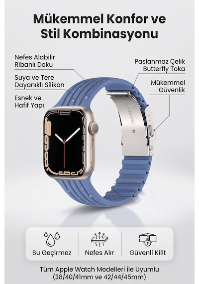 Apple Watch Uyumlu 1/2/3/4/5/6/se/7/8/9seri 42/44/45/49mm Klipsli Kordon Kayış Silikon Mt36