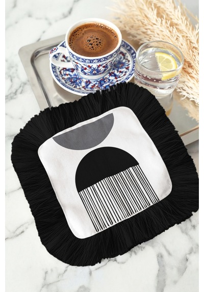 Geometrik Modern Stil Saçaklı Sunum Peçetesi - Minimalist Siyah Beyaz Etnik Bardak Altlığı Mendil Çok Renkli