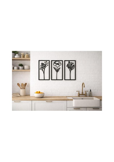 Arliadesign Ahşap 3 Parçalı Dikdörtgen Şeklinde Çiçek Figürleri / Siyah Ahşap 3 Mm Mdf