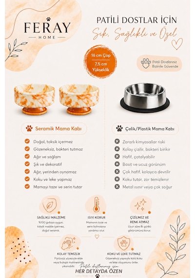 Mama Kabı Kedi Ve Köpek Ayaklı 2 Li Seramik Doğal Mama Ve Su Kabı Soft Sarı Marble