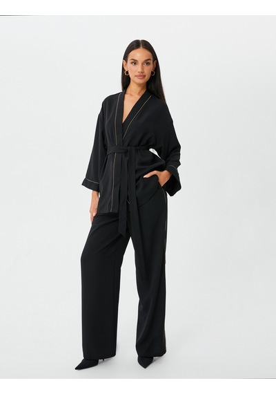 Koton Kimono Kuşaklı Işıltılı Şerit Detaylı Siyah 4wak50160uw Siyah
