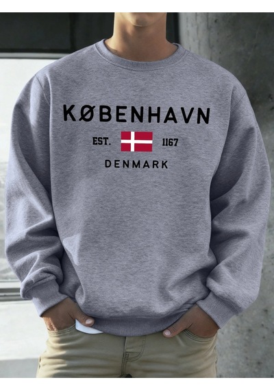 Startmore Tarzsokak Kobenhavn Danimarka Bayrağı Baskılı Kazak Erkekler Polar Moda Kazak Yaratıcı Sonbahar Spor Gi Gri