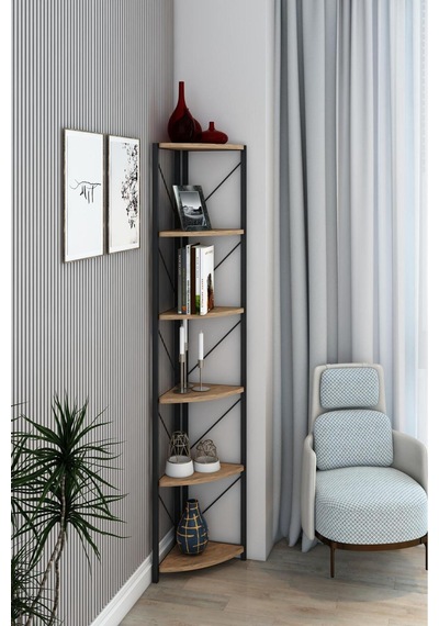 Datça 6 Raflı Metal Köşe Mutfak Rafı Dekoratif Çok Amaçlı Raf 180 Cm Beyaz Ceviz