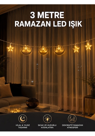 3 Metre Ramazan Led Saçak Işık Ev İçi Dekoratif Aydınlatma - Lisinya Sarı 85784675