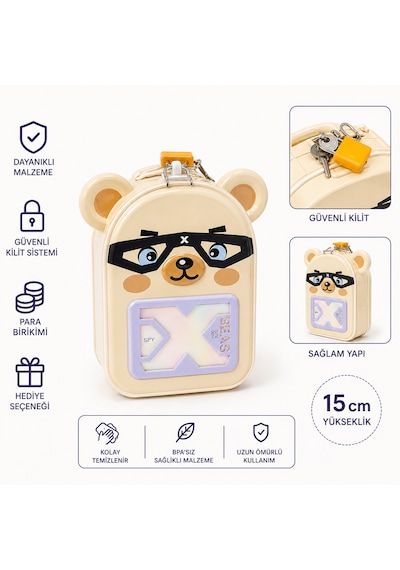 Lucky Bear Kilitli Metal Kumbara Krem Anahtarlı Para Kutusu 15 Cm Çocuk Kumbarası 001