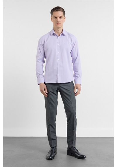 İmza Lila Sert Yaka Uzun Kol Cepsiz Slim Fit Pamuklu Gömlek 1004255284
