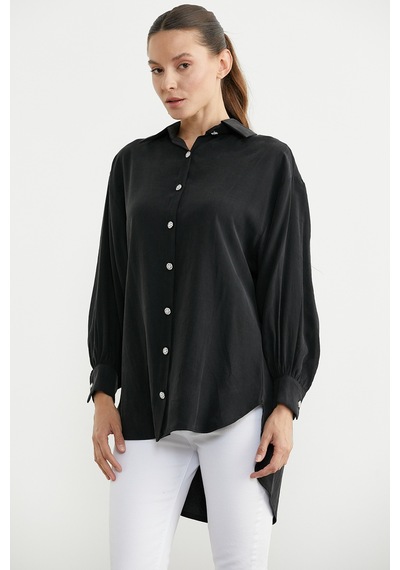 Sementa Tencel Arkası Uzun Oversize Gömlek - Siyah