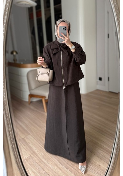 Ka Hijab Ceketli Elbise Takım - Kahverengi