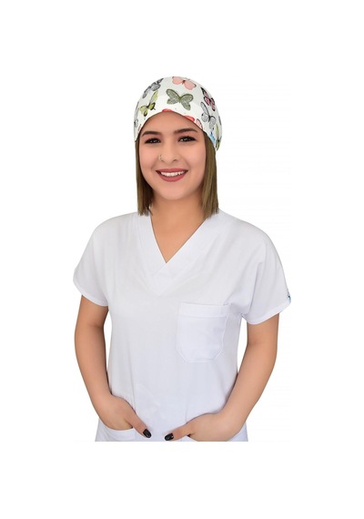 Unisex Yeşil Kelebek Likralı Cerrahi Doktor Hemşire Hastane Medikal Aşçı Bonesi Beyaz Beyaz