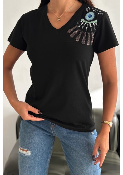 Femelle Kadın Siyah V Yaka Omzu Nakış Ve Pul Payet İşlemeli %100 Pamuk T-shirt