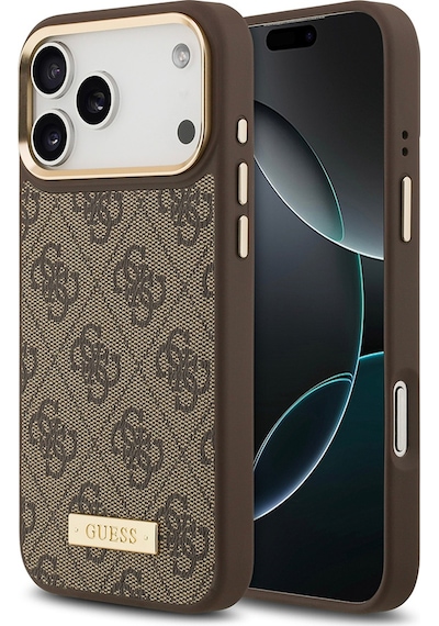 Apple Uyumlu iPhone 17 Pro Max Kılıf Guess Lisanslı M-safeli 4g Desenli Pu Metal Plaka Klasik Logolu Kahverengi Kahverengi