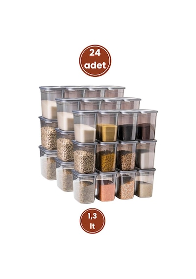 Flora Kare Erzak Saklama Kabı 24'lü Set, Gıda Baharat Bakliyat Saklama Kabı Orta Boy 24x 1,3 Lt Şeffaf Gri