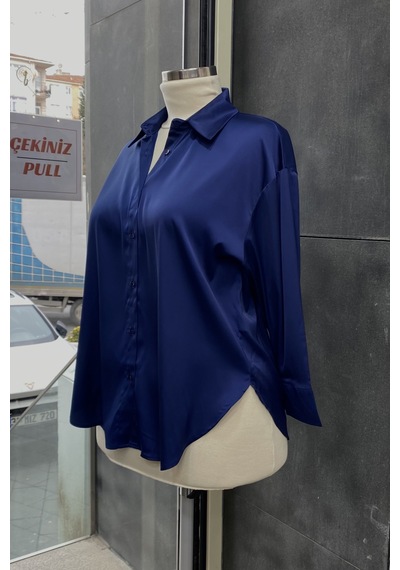 Pera Moda Büyük Beden İpek Saten Klasik Gömlek Lacivert