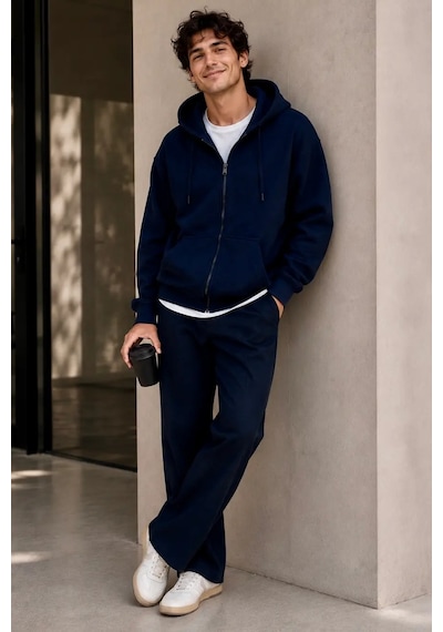 Bb Butik Basic Oversize Kalın Üç Iplik Fermuarlı Kapüşonlu Sweatshirt Koyu Lacivert