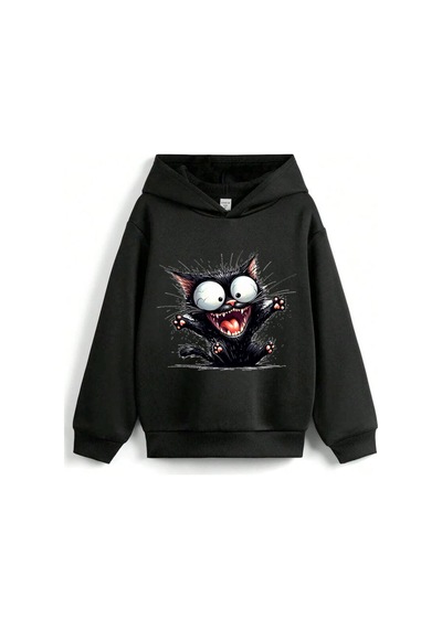 Stil X Sevimli Kediler Baskılı Kapüşonlu Çocuk Sweatshırt Siyah