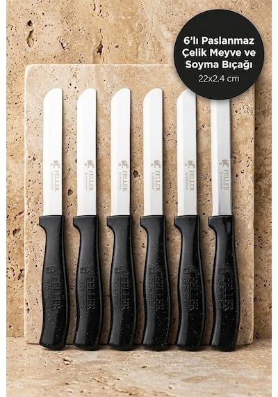 Feller 6'lı Lazer Tırtıklı Paslanmaz Çelik Sebze Meyve Bıçağı 22x2.4 Cm - Siyah Saplı Soyma Ve Doğrama Seti