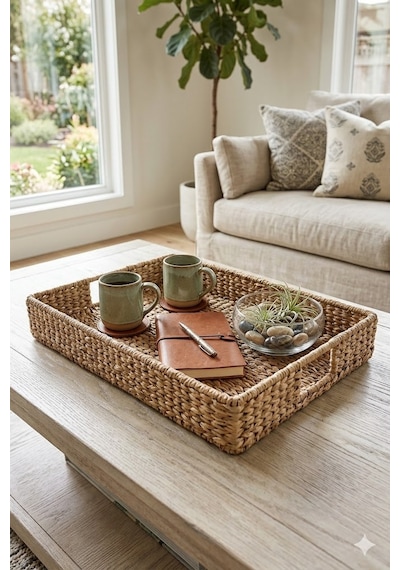 Panalı Hasır Tepsi Bej