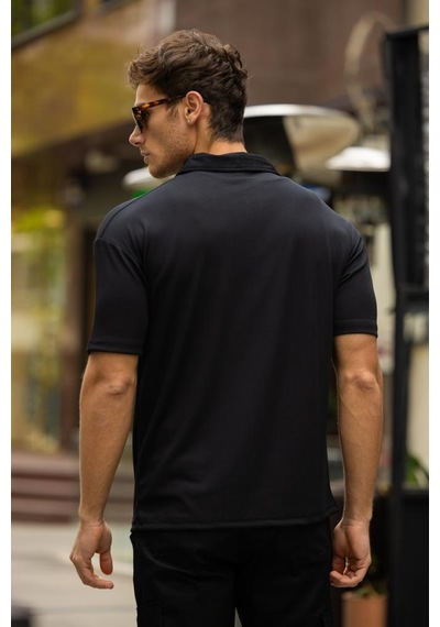 Glasses V Yaka Oversize Fitilli T-shirt - Siyah Siyah