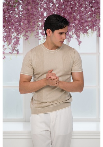 Advante Slimfit Kolları Lastikli Likralı Desenli Bisiklet Yaka Triko T-shirt Krem