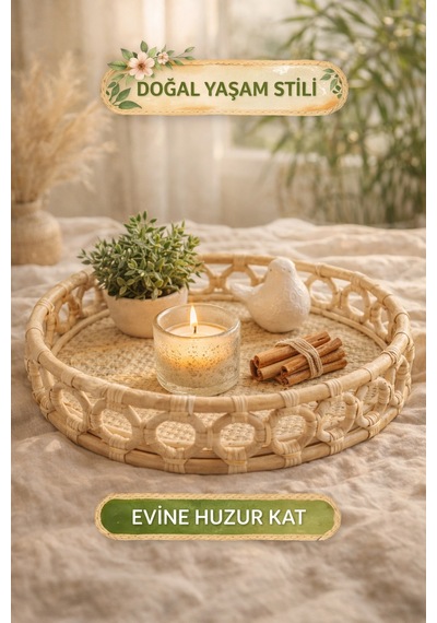 El Yapımı Doğal Rattan Tepsi Yuvarlak Sunum Kahve Servis Dekoratif Tepsi 30x7 Cm