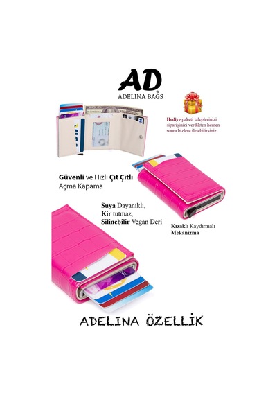 Adelina Bags Adelina Timsah Desenli Fuşya Mekanizmalı Otomatik Kızaklı Kartlık Pembe