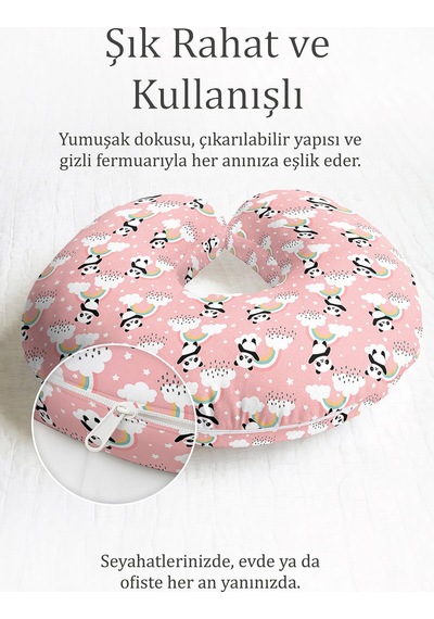 Panda Gökkuşağı Bulutlu Boyun Yastığı - Sevimli Pembe Pastel Çocuk & Yetişkin Seyahat Yastığı Adaçayı Kireçtaşı