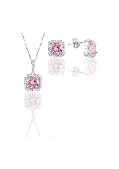 Gümüş Beyaz Altın Rodyumlu Pembe Taşlı Kare Ikili Set