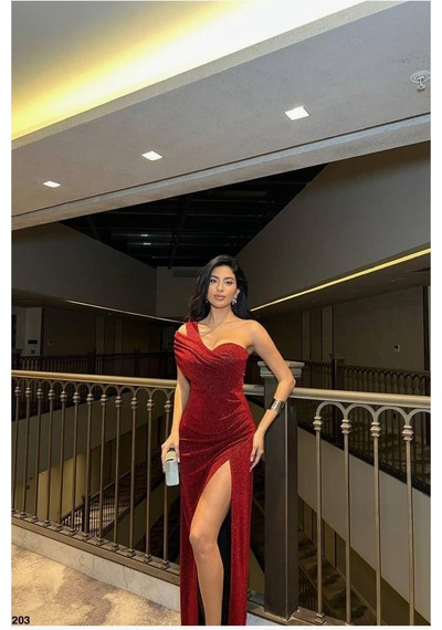 Lior Design Kadın Şık Model Tek Omuz Yırtmaçlı Abiye Elbise Kırmızı