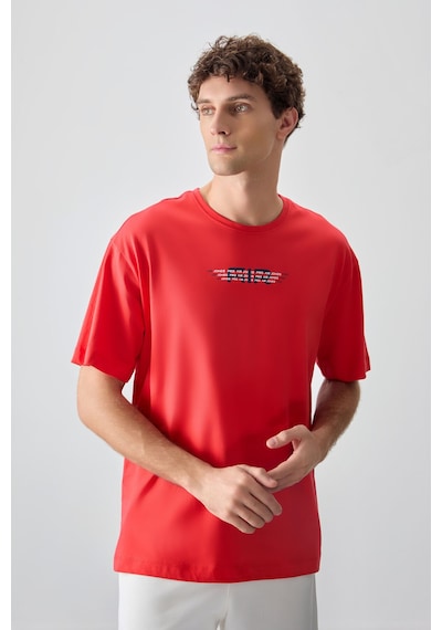 Air Jones Tommy Life Fiesta %100 Pamuk Kalın Yumuşak Dokulu Oversize Fit Baskılı Erkek T-shirt - 88356 Kirmizi