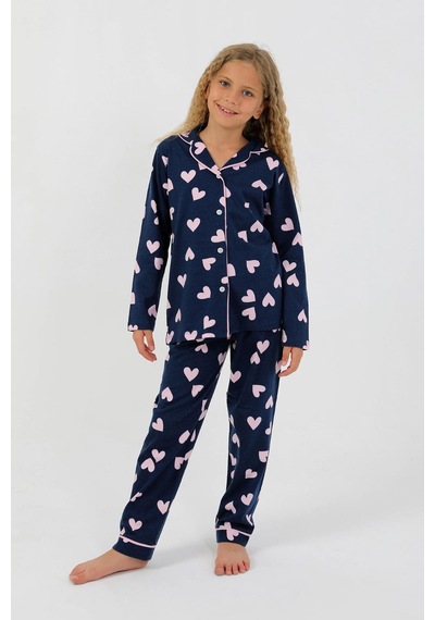 Kız Çocuk Uzun Kollu %100 Pamuklu Düğmeli Pijama Takımı Heartie Indigo