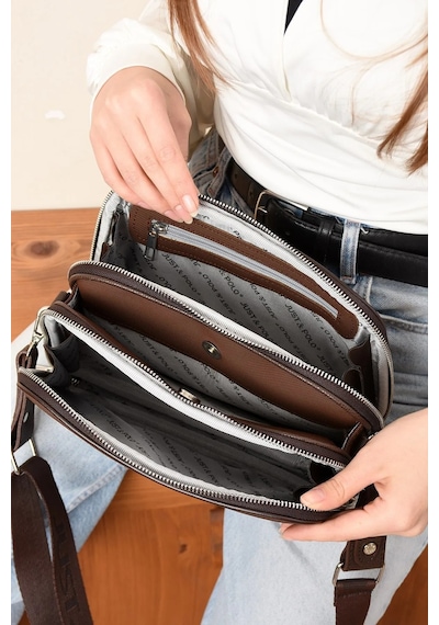 Just Polo Kadın Çok Bölmeli Süet Lüks Tasarımlı Çapraz Askılı Omuz Çantası Shoulder Bag Kahverengi