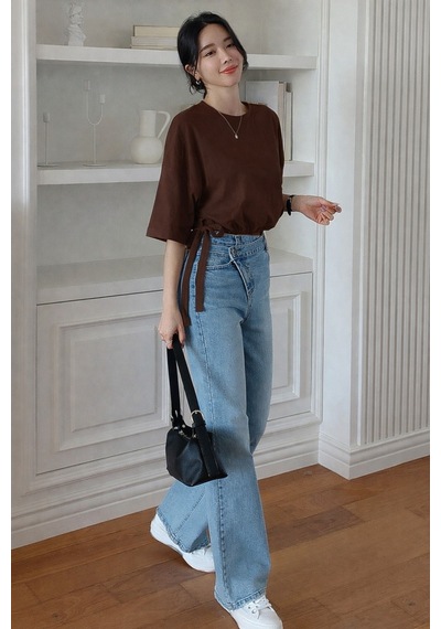 Kadın Oversize Basic Haki Tişört Yan Bağlamalı Rahat Kesim Günlük Yazlık T-shirt Kahverengi