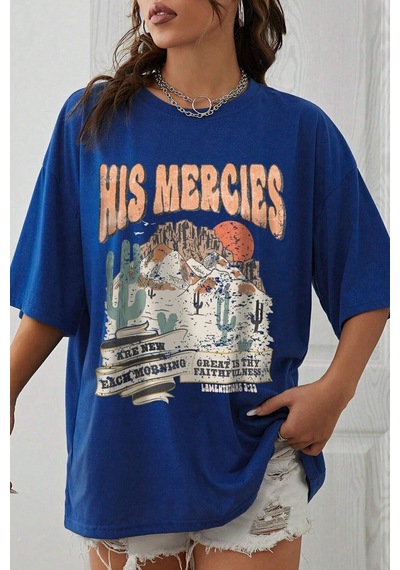 Uyguntarz Unisex His Mercies Baskılı Oversize Tshirt Mavi