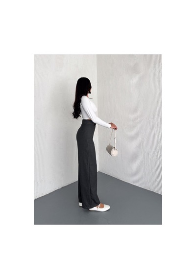 Gugus Kadın Cepsiz Dokuma Kumaş Pantolon Beli Cırtlı Bol Paça Wide Leg Model Siyah