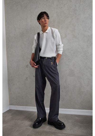 Erkek Polo Yaka Fitilli Oversize Triko Kazak Beyaz