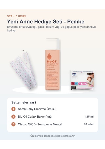 Yeni Anne Hediye Seti 3 Parça: Emzirme Örtüsü + Çatlak Bakım Yağı + Göğüs Temizleme Mendili - Pembe