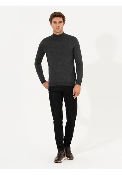 Cacharel Antrasit Melanj Slim Fit Yarım Balıkçı Basic Triko Kazak Gri